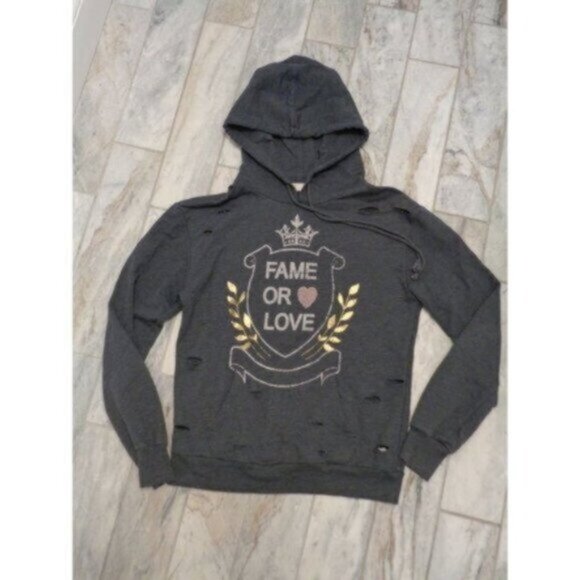 XXI women's small gray distressed "Fame or Love" sweatshirt hoodie - Picture 1 of 5